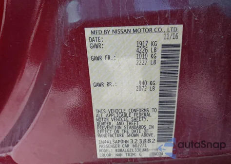 2017 Nissan Altima 2.5 S z USA, uszkodzony, nr VIN 1N4AL3AP0HN323882